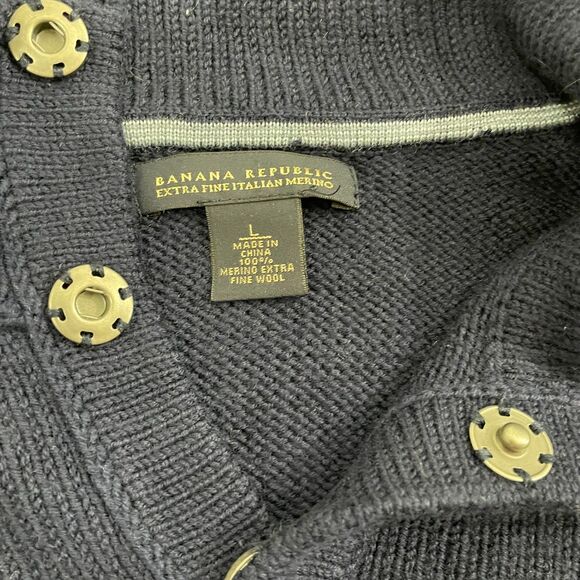 Banana Republic 1/4 Snap Sweater Men L Navy Merino Wool Mock Neck Knit Pullover - Picture 2 of 7